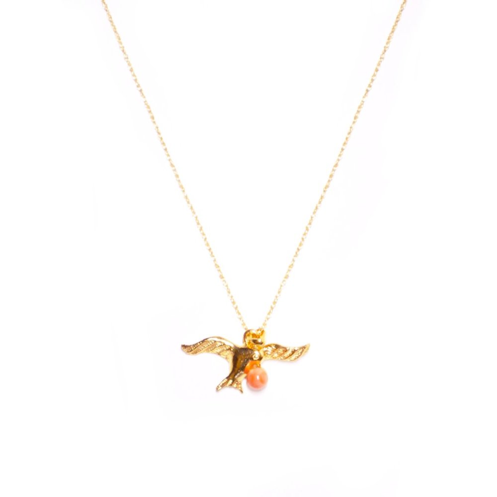 Genuine Angel Skin Momo Coral Pendant Necklace 14K 16" Chain - Dove Bird Charm - Picture 2 of 2